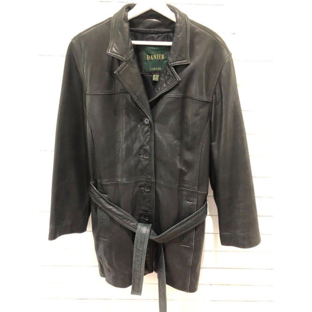 DANIER men sz Large black soft leather button up jacket trench coat